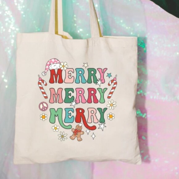 Merry Merry Merry NEW tan Christmas tote bag - Picture 1 of 1